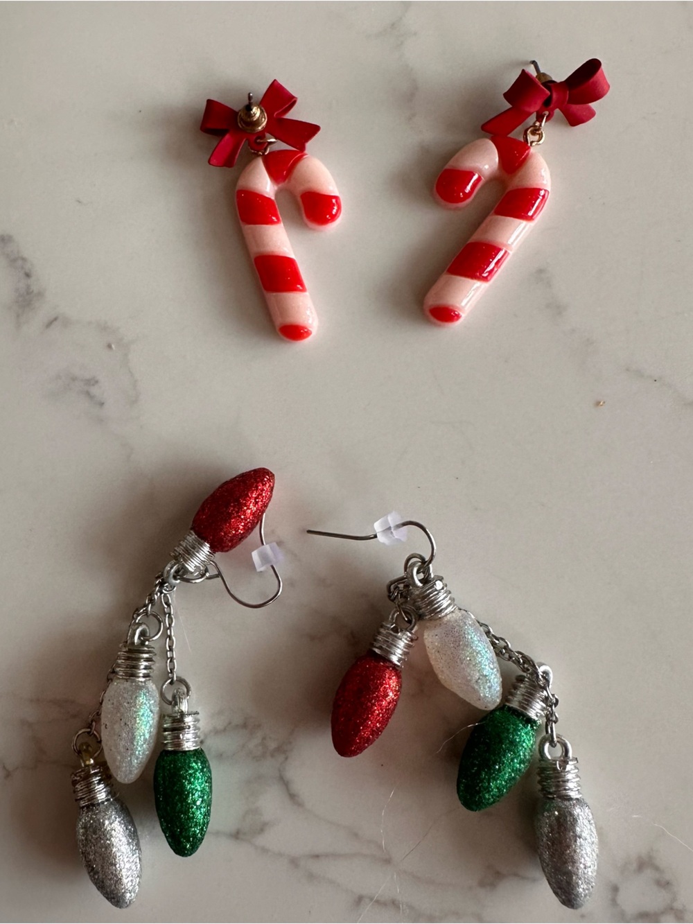 Holiday Candy Cane and Glitter Bulb Kids Earrings - Red, Green, White